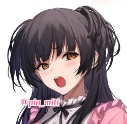 Rule 34 | 1girl, black hair, black ribbon, blush, brown eyes, dress, highres, idolmaster, idolmaster shiny colors, long hair, looking at viewer, mayuzumi fuyuko, neck ribbon, open mouth, pink dress, portrait, ribbon, simple background, solo, two side up, ulrich (tagaragakuin), white background