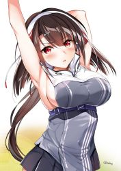 Rule 34 | 1girl, aburidashi zakuro, ahoge, anchor hair ornament, arm up, armpits, arms behind head, artist name, azur lane, bare shoulders, blush, breasts, commentary request, hair between eyes, hair ornament, hairband, hairclip, independence (azur lane), large breasts, looking at viewer, miniskirt, pleated skirt, red eyes, short hair, sideboob, skirt, slit pupils, solo