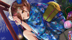 Rule 34 | 1girl, absurdres, artist name, bad id, bad pixiv id, blue kimono, blush, brown eyes, brown hair, dutch angle, fireworks, floral print, fox mask, from side, grass, highres, holding, japanese clothes, kimono, long hair, looking at viewer, mask, night, obi, open mouth, original, outdoors, pomu (joynet), sash, signature, sitting, smile, solo, sparkler, torii, twintails, water balloon, wide sleeves, yukata