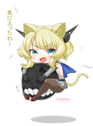 Rule 34 | 1girl, animal ears, black gloves, black pantyhose, blonde hair, blue eyes, braid, cat ears, cat tail, colorado (kancolle), commentary request, dress, elbow gloves, floating, gloves, grey dress, headgear, i-class destroyer, kantai collection, masara (chuujou), pantyhose, pleated dress, short hair, side braids, simple background, sleeveless, solo, tail, teeth, translation request, white background