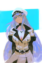 Rule 34 | 1girl, absurdres, akame ga kill!, belt, blue background, blue eyes, blue hair, boots, breasts, chest tattoo, choker, cleavage, closed mouth, doyagao, esdeath, hat, highres, juvi art, large breasts, long hair, looking at viewer, military, military uniform, peaked cap, simple background, smile, smug, solo, tattoo, thigh boots, thighhighs, two-tone background, uniform, upper body, very long hair, whip marks, white background