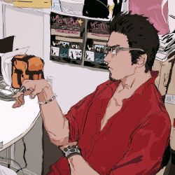 Rule 34 | 1boy, bag, bracelet, chair, cigarette, desk, facial hair, glasses, jewelry, kiryu kazuma, male focus, manly, multiple rings, on chair, photo-referenced, popped collar, poster (object), profile, real life, red shirt, ring, ryuu ga gotoku (series), sapgoon, shirt, sitting, solo, takaya kuroda, upper body, voice actor connection, watch, wristwatch