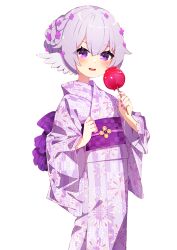 Rule 34 | 1girl, blush, candy apple, commission, eclatatant, fireworks print, flower, food, hair flower, hair ornament, holding, holding food, japanese clothes, kimono, long sleeves, looking at viewer, mamyouda, obi, open mouth, print kimono, purple hair, purple kimono, sash, shirin nonoa, simple background, skeb commission, solo, white background, wide sleeves, yukata