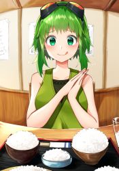 Rule 34 | 1girl, :q, alternate costume, bare arms, bare shoulders, blush, bowl, casual, chopsticks, collarbone, colored eyelashes, commentary request, cup, fisheye, goggles, goggles on head, green eyes, green hair, gumi, highres, indoors, katsuobushi (eba games), own hands together, pov across table, restaurant, rice, rice bowl, short hair, sidelocks, sleeveless, smile, solo, tank top, tongue, tongue out, tray, upper body, vocaloid