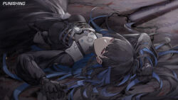 Rule 34 | 1girl, artist request, black dress, black hair, closed eyes, crack, cracked floor, dress, hair ribbon, highres, lying, mechanical arms, mechanical parts, multicolored hair, official art, on back, punishing: gray raven, ribbon, ribs, selena: tempest (punishing: gray raven), selena (punishing: gray raven), smile, two-tone hair