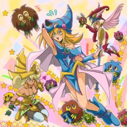 Rule 34 | 3girls, apple magician girl, armpits, artist request, ass, bare legs, bare shoulders, blonde hair, blue footwear, blush stickers, breasts, cleavage, dark magician girl, duel monster, fetal position, floating, flying, full body, green eyes, hat, highres, kuriboh, large breasts, lemon magician girl, long hair, looking at another, looking to the side, magical girl, miniskirt, multiple girls, multiple others, shiny skin, simple background, skirt, smile, very long hair, wide hips, winged kuriboh, wings, wizard hat, yu-gi-oh!