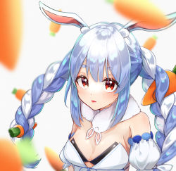 Rule 34 | 1girl, animal ear fluff, animal ears, bad id, bad pixiv id, bare shoulders, black leotard, blue hair, blurry, blush, braid, breasts, carrot hair ornament, cleavage, clothing cutout, coat dress, depth of field, don-chan (usada pekora), dress, embarrassed, eyelashes, food-themed hair ornament, fur scarf, hair ornament, highres, hikimayu, hololive, leotard, long hair, looking at viewer, multicolored hair, nanochi, parted lips, rabbit ears, red eyes, scarf, short eyebrows, small breasts, solo, strapless, strapless coat, strapless dress, strapless leotard, surprised, thick eyebrows, twin braids, twintails, two-tone hair, underboob cutout, upper body, usada pekora, usada pekora (1st costume), virtual youtuber, white background, white hair, white scarf