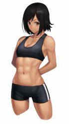 Rule 34 | 1girl, abs, arms behind back, bike shorts, black hair, breasts, brown eyes, cleavage, cowboy shot, cropped legs, highres, legs apart, muscular, muscular female, navel, original, ranma (kamenrideroz), short shorts, shorts, simple background, small breasts, solo, sports bra, standing, swept bangs, white background
