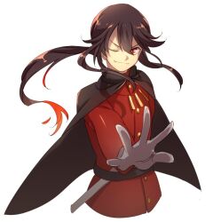 Rule 34 | 1boy, belt, black cape, black hair, buttons, cape, echo (circa), fate/grand order, fate (series), fiery hair, gloves, jacket, jewelry, long hair, long sleeves, looking at viewer, necklace, oda nobukatsu (fate), one eye closed, outstretched arm, pants, ponytail, red eyes, red jacket, red pants, sidelocks, smile, solo, white gloves