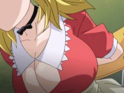 Rule 34 | animated, animated gif, arms behind back, blonde hair, boin lecture, bouncing breasts, bow, bowtie, breasts, choker, cleavage, cleavage cutout, clothing cutout, fellatio, happoubi jin, huge breasts, lowres, oral, short hair, tsukushino mitsugu, waitress