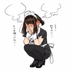 Rule 34 | 1girl, aqua eyes, black footwear, black pantyhose, blush, breasts, brown hair, covering face, douki-chan (douki-chan), embarrassed, ganbare douki-chan, high heels, highres, maid headdress, pantyhose, ponytail, simple background, solo, translation request, white background, yomu (sgt epper)