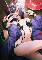 Rule 34 | 1girl, absurdres, alcohol, bare shoulders, blush, bob cut, breasts, chyko7080, collarbone, cup, eyeliner, fangs, fate/grand order, fate (series), headpiece, highres, horns, japanese clothes, kimono, looking at viewer, lying, makeup, navel, on back, oni, open clothes, open kimono, open mouth, pointy ears, purple eyes, purple hair, purple kimono, revealing clothes, sakazuki, sake, short eyebrows, short hair, shuten douji (fate), skin-covered horns, small breasts, smile, solo, teeth