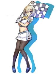 Rule 34 | 10s, 1girl, bad id, bad twitter id, blue eyes, breasts, checkered flag, flag, full body, gloves, hamakaze (kancolle), horosuke, kantai collection, large breasts, navel, pantyhose, race queen, short hair, simple background, skirt, solo, white hair