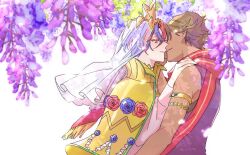 Rule 34 | 2boys, alear (fire emblem), alear (male) (fire emblem), blue hair, brown hair, crown, dark-skinned male, dark skin, e8coofn0klibdx1, fire emblem, fire emblem engage, flower, fogado (fire emblem), hair ornament, imminent kiss, jewelry, looking at another, male focus, multicolored hair, multiple boys, nintendo, official alternate costume, red eyes, red hair, short hair, split-color hair, two-tone hair, veil, white background, yaoi