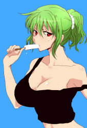Rule 34 | 1girl, black tank top, breasts, cleavage, dripping, eating, food, food in mouth, green hair, haji (hajiko), holding, holding food, kazami yuuka, large breasts, looking at viewer, melting, ponytail, popsicle, red eyes, scrunchie, sexually suggestive, simple background, solo, strap slip, sweat, tank top, touhou