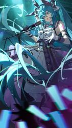 1girl :d absurdly_long_hair absurdres arm_belt asymmetrical_gloves bare_shoulders black_ribbon blue_eyes blue_hair commentary_request concert dress foot_out_of_frame gloves glowstick hair_between_eyes hatsune_miku heart_ornament highres holding holding_microphone indoors lingyu_ovo long_hair microphone microphone_stand mismatched_gloves multicolored_clothes multicolored_dress music neck_ribbon open_mouth purple_dress purple_gloves ribbon singing sleeveless sleeveless_dress smile solo truss twintails two-tone_gloves very_long_hair vocaloid white_dress white_gloves