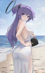 Rule 34 | 1girl, absurdres, ass, back, bag, bare shoulders, beach, blue archive, blue sky, blush, breasts, dolri, dress, hair ornament, halo, handbag, highres, long hair, looking at viewer, looking back, medium breasts, purple eyes, purple hair, shore, side slit, sky, solo, two side up, white dress, yuuka (blue archive)