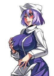 Rule 34 | 1girl, :d, blue eyes, blush, breasts, cowboy shot, dress, hat, large breasts, letty whiterock, light purple hair, long sleeves, looking at viewer, mimuni362, mob cap, open mouth, purple dress, grabbing own breast, short hair, smile, solo, sweat, touhou, white background