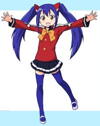 Rule 34 | 1girl, :d, blue hair, blue thighhighs, blush, fairy tail, full body, masaki itsuki, open mouth, outstretched arms, skirt, smile, solo, spread arms, thighhighs, twintails, wendy marvell, zettai ryouiki