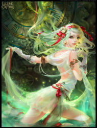 Rule 34 | 1girl, artist name, back, bow, bracelet, clock, copyright name, dated, dress, flower, gloves, green eyes, green hair, highres, jewelry, legend of the cryptids, long hair, maid headdress, official art, solo, squirrel, water, yu-han chen