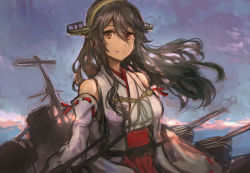 Rule 34 | 1girl, absurdres, bare shoulders, black hair, brown eyes, closed mouth, detached sleeves, hair between eyes, hairband, haruna (kancolle), headgear, highres, japanese clothes, kantai collection, long hair, machinery, moor, nontraditional miko, pleated skirt, red skirt, ribbon-trimmed sleeves, ribbon trim, rigging, skirt, solo, wide sleeves