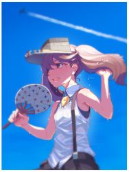 Rule 34 | 1girl, aircraft, airplane, blue sky, brown eyes, brown hair, brown skirt, commentary request, contrail, day, hand fan, highres, kantai collection, magatama, paper fan, pleated skirt, ryuujou (kancolle), shirt, skirt, sky, sleeveless, sleeveless shirt, solo, suspenders, sweat, tonami kanji, twintails, uchiwa, upper body, visor cap, white shirt