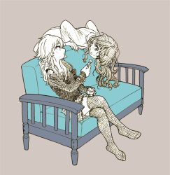 Rule 34 | 2girls, :3, bent over, couch, crossed legs, crosshatching, dimension-3 (idolmaster), expressionless, eye contact, feeding, food, frills, from side, hand up, hatching (texture), holding, holding food, holding spoon, ice cream, ice cream cup, ice cream spoon, ichinose shiki, idolmaster, idolmaster cinderella girls, lab coat, layered skirt, long hair, long sleeves, looking at another, looking to the side, mixed media, monochrome, multiple girls, ninomiya asuka, no shoes, on couch, open mouth, parted lips, profile, protected link, simple background, sitting, skirt, smile, spoon, spot color, standing, sunbiki, tan background, thighhighs, wavy hair, zettai ryouiki