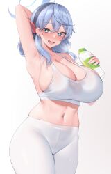 Rule 34 | 1girl, ako (blue archive), armpits, arms up, black hairband, blue archive, blue eyes, blue hair, blush, bottle, breasts, earrings, hairband, halo, highres, holding, holding bottle, jewelry, kuavera, large breasts, medium hair, midriff, navel, open mouth, pants, smile, solo, steaming body, stud earrings, sweat, water bottle, yoga pants
