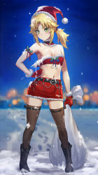 1girl alternate_costume bandeau bare_shoulders belt black_belt black_footwear blonde_hair blurry blurry_background blush boots braid breasts commentary_request fate/grand_order fate_(series) full_body gloves green_eyes hair_ornament hair_scrunchie hat highres holding holding_sack long_hair looking_at_viewer medium_breasts mordred_(fate) mordred_(fate/apocrypha) navel outdoors ponytail red_gloves red_scrunchie red_shorts red_skirt sack santa_hat scrunchie shorts skirt snow solo strapless thighhighs tonee tube_top zettai_ryouiki