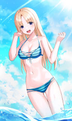 Rule 34 | 1girl, :d, absurdres, bare arms, bikini, blonde hair, blue bikini, blue eyes, blue ribbon, blue sky, breasts, cleavage, cloud, collarbone, day, front-tie bikini top, front-tie top, gluteal fold, halterneck, highres, long hair, medium breasts, navel, ocean, open mouth, original, outdoors, parted bangs, ribbon, sky, smile, solo, straight hair, striped bikini, striped clothes, sunlight, swimsuit, thigh gap, very long hair, wading, yeolyeo