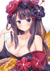 Rule 34 | 1girl, :/, alternate hair length, alternate hairstyle, bad id, bad pixiv id, bare shoulders, black kimono, blunt bangs, blush, bow, breasts, checkered bow, checkered clothes, cleavage, closed mouth, collarbone, fate/grand order, fate (series), flower, hair bobbles, hair flower, hair ornament, hair stick, hand in own hair, hand up, highres, japanese clothes, katsushika hokusai (fate), kimono, large breasts, long hair, looking at viewer, masayo (gin no ame), obi, off shoulder, open clothes, open kimono, purple eyes, purple hair, sash, simple background, solo, tareme, unmoving pattern, white background, yellow bow