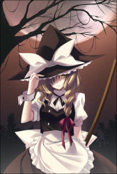 Rule 34 | 1girl, blonde hair, braid, female focus, hand on headwear, hat, kirisame marisa, moon, nature, night, outdoors, plant, skirt, sky, solo, touhou, witch, witch hat, wrist cuffs, yellow eyes, zinno