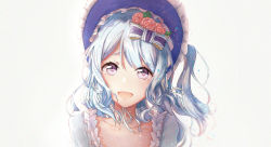 Rule 34 | 1girl, :d, bang dream!, blue hair, bonnet, bow, buromu, chin strap, collarbone, flower, frills, grey background, hair bow, hair flower, hair ornament, hair ribbon, highres, light blue hair, long hair, looking at viewer, matsubara kanon, one side up, open mouth, pink flower, pink rose, purple eyes, ribbon, rose, smile, solo, upper body