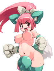 Rule 34 | 1girl, :d, animal ears, blush, bouncing breasts, breasts, cat ears, disgaea, long hair, motion lines, navel, nekomata, nekomata (disgaea), nipples, nude, official style, open mouth, pink eyes, pink hair, ponytail, smile, solo, standing, standing on one leg, sweat, thighhighs, white background, yu 3