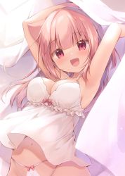 Rule 34 | 1girl, :d, armpits, arms up, bare arms, bare shoulders, blush, bow, bow panties, breasts, camisole, cleavage, collarbone, commentary request, frilled camisole, frills, head tilt, long hair, looking at viewer, medium breasts, miyasaka naco, navel, open mouth, original, panties, pink hair, red eyes, smile, solo, underwear, white camisole, white panties