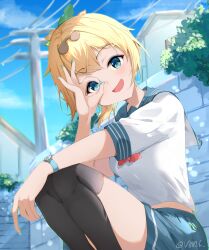 Rule 34 | 1girl, :d, alternate costume, aqua nails, aqua sailor collar, black thighhighs, blonde hair, blue eyes, blue sky, bow, brick wall, cloud, commentary request, crossed bangs, hair bow, hand on own knee, head tilt, highres, hololive, house, kazama iroha, looking at viewer, multicolored bow, neckerchief, open mouth, outdoors, plant, ponytail, raised eyebrows, red neckerchief, sailor collar, shirt, short hair, short sleeves, sidelocks, sky, smile, squatting, thighhighs, vincent leo, virtual youtuber, watch, white shirt, wristwatch