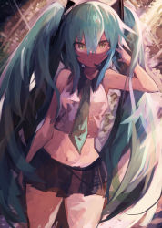 Rule 34 | 1girl, absurdres, aqua hair, aqua necktie, armpits, bare shoulders, black skirt, breasts, collared shirt, cowboy shot, crop top, dutch angle, hair between eyes, hair ornament, hand on headphones, hatsune miku, headphones, highres, kaamin (mariarose753), light frown, long hair, looking at viewer, microskirt, necktie, pleated skirt, shirt, sidelocks, skirt, slit pupils, small breasts, solo, twintails, very long hair, vocaloid, white shirt, yellow eyes