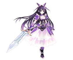 Rule 34 | 10s, 1girl, armor, armored dress, bow, choker, date a live, date a live: spirit pledge, dress, full body, gloves, hair between eyes, hair bow, long hair, looking at viewer, novel illustration, official art, pauldrons, ponytail, purple eyes, purple hair, serious, shoulder armor, solo, standing, sword, transparent background, tsunako, very long hair, weapon, yatogami tooka