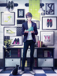 Rule 34 | 1boy, animal, animal ears, black-framed eyewear, black footwear, black legwear, blue footwear, book, boots, cat, cat ears, checkered floor, cross-laced footwear, framed, full body, high heels, holding, holding shoes, indie utaite, indoors, jacket, lace-up boots, lamp, long sleeves, looking at viewer, male focus, musical note, niconico, pants, photo (object), picture frame, plant, potted plant, quaver, sheet music, shoes, unworn shoes, shoose, smile, sneakers, solo, standing, suda ayaka, undershirt, utaite, white footwear
