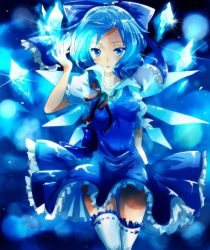 Rule 34 | 1girl, aged up, blue dress, blue eyes, blue hair, bow, breasts, cirno, covered erect nipples, dress, frills, hair bow, hair ribbon, highres, ice, ice wings, looking at viewer, matching hair/eyes, negiko, panties, pantyshot, ribbon, short hair, skirt, solo, standing, thighhighs, touhou, underwear, upskirt, white panties, white thighhighs, wings, zettai ryouiki