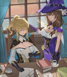 Rule 34 | 2girls, absurdres, blonde hair, book, breasts, capelet, chair, cleavage, coffee, coffee mug, cup, curtains, detached sleeves, envelope, closed eyes, flower, gem, genshin impact, gloves, green eyes, hair flower, hair ornament, hat, highres, hood (james x), jean (genshin impact), jewelry, large breasts, lisa (genshin impact), long sleeves, mug, multiple girls, necklace, office, paper, ponytail, rose, side ponytail, sitting, smile, standing, table, window, witch hat