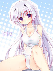 Rule 34 | 1girl, acid (company), blush, breasts, cleavage, inia sestina, long hair, looking at viewer, muv-luv, muv-luv alternative, muv-luv total eclipse, one-piece swimsuit, open mouth, purple eyes, purple hair, school swimsuit, sitting, solo, swimsuit, very long hair, yuku (kiollion)