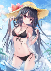 Rule 34 | 1girl, bare shoulders, bikini, black bikini, black hair, breasts, cleavage, collarbone, earrings, flower, front-tie bikini top, front-tie top, gluteal fold, hands up, hat, hat flower, hibiscus, highres, holding, holding own hair, jewelry, light rays, long hair, looking at viewer, medium breasts, navel, original, red eyes, sarong, shirosei mochi, side-tie bikini bottom, smile, solo, standing, stomach, straw hat, string bikini, sunbeam, sunlight, swimsuit, thighs, very long hair, wading
