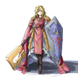 Rule 34 | 1girl, adapted costume, armor, armored dress, automatic giraffe, belt, blonde hair, blue eyes, boots, brown footwear, cape, circlet, commentary, dress, edelgard von hresvelg, english commentary, faulds, fire emblem, fire emblem: three houses, full body, gloves, hammer, holding, holding hammer, holding shield, holding weapon, huge weapon, jewelry, long hair, multicolored clothes, multicolored dress, necklace, nintendo, pauldrons, pearl necklace, pelvic curtain, pink cape, pink dress, pink gloves, pointy ears, princess zelda, shield, shoulder armor, sidelocks, solo, super smash bros., the legend of zelda, the legend of zelda: a link between worlds, triforce, vambraces, war hammer, weapon, white background, white dress