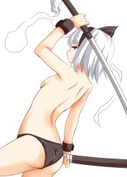 Rule 34 | 1girl, ass, back, bad id, bad pixiv id, black panties, blue eyes, breasts, hair ribbon, katana, konpaku youmu, konpaku youmu (ghost), panties, panties only, ribbon, sheath, short hair, silver hair, small breasts, solo, sword, topless, touhou, underwear, underwear only, weapon, zetsumame