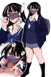Rule 34 | 1boy, 1girl, bag, black hair, black socks, blazer, bow, bowtie, breasts, censored, fellatio, fellatio under mask, hand in pocket, hetero, jacket, kneehighs, lifted by self, loafers, long hair, looking at viewer, maguro teikoku, mask, mouth mask, oral, original, penis, pleated skirt, purple eyes, school bag, school uniform, shoes, simple background, skirt, socks, sweat, tongue, tongue out, white background
