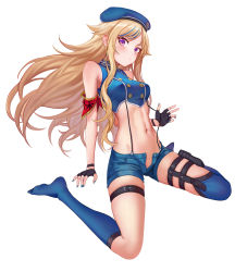 Rule 34 | 1girl, absurdres, armband, asymmetrical legwear, bad id, bad pixiv id, black gloves, blonde hair, blue hair, blue headwear, blue nails, blue shorts, blue socks, blue thighhighs, blush, character request, closed mouth, covered erect nipples, crop top, fingerless gloves, floating hair, full body, gloves, highres, himehina channel, holster, kneehighs, long hair, midriff, multicolored hair, nail polish, navel, open clothes, open shorts, purple eyes, short shorts, shorts, simple background, single kneehigh, single sock, single thighhigh, sitting, socks, solo, stomach, streaked hair, suspender shorts, suspenders, suzuki hina, thigh holster, thighhighs, very long hair, virtual youtuber, wariza, white background, z.boat