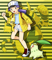 Rule 34 | 1girl, :d, baseball cap, belt, belt buckle, blue shirt, brown eyes, brown footwear, buckle, casey (pokemon), chikorita, clenched hands, commentary request, creatures (company), d-nezumi, electabuzz, eyelashes, game freak, gen 1 pokemon, gen 2 pokemon, hand up, hat, jacket, leg up, long hair, looking at viewer, nintendo, no socks, open mouth, pokemon, pokemon (anime), pokemon (classic anime), pokemon (creature), purple hair, shirt, shoes, shorts, smile, standing, standing on one leg, striped clothes, striped shorts, tongue, vertical-striped clothes, vertical-striped shorts, white headwear, white shorts, yellow jacket