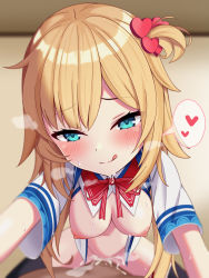 Rule 34 | 1girl, absurdres, akai haato, akai haato (1st costume), bad id, bad twitter id, blonde hair, blue eyes, blush, breasts, cowgirl position, cum, cum in pussy, hair ornament, hair ribbon, heart, heart hair ornament, highres, hololive, large breasts, licking lips, long hair, looking at viewer, nipples, open mouth, ribbon, sex, smile, solo, straddling, tongue, tongue out, virtual youtuber, yukamikayu