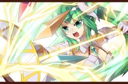 Rule 34 | 1girl, armor, artemis (p&amp;d), bow (weapon), breasts, cleavage, green eyes, green hair, koza, kozakura (dictionary), letterboxed, long hair, matching hair/eyes, open mouth, ponytail, puzzle &amp; dragons, solo, weapon